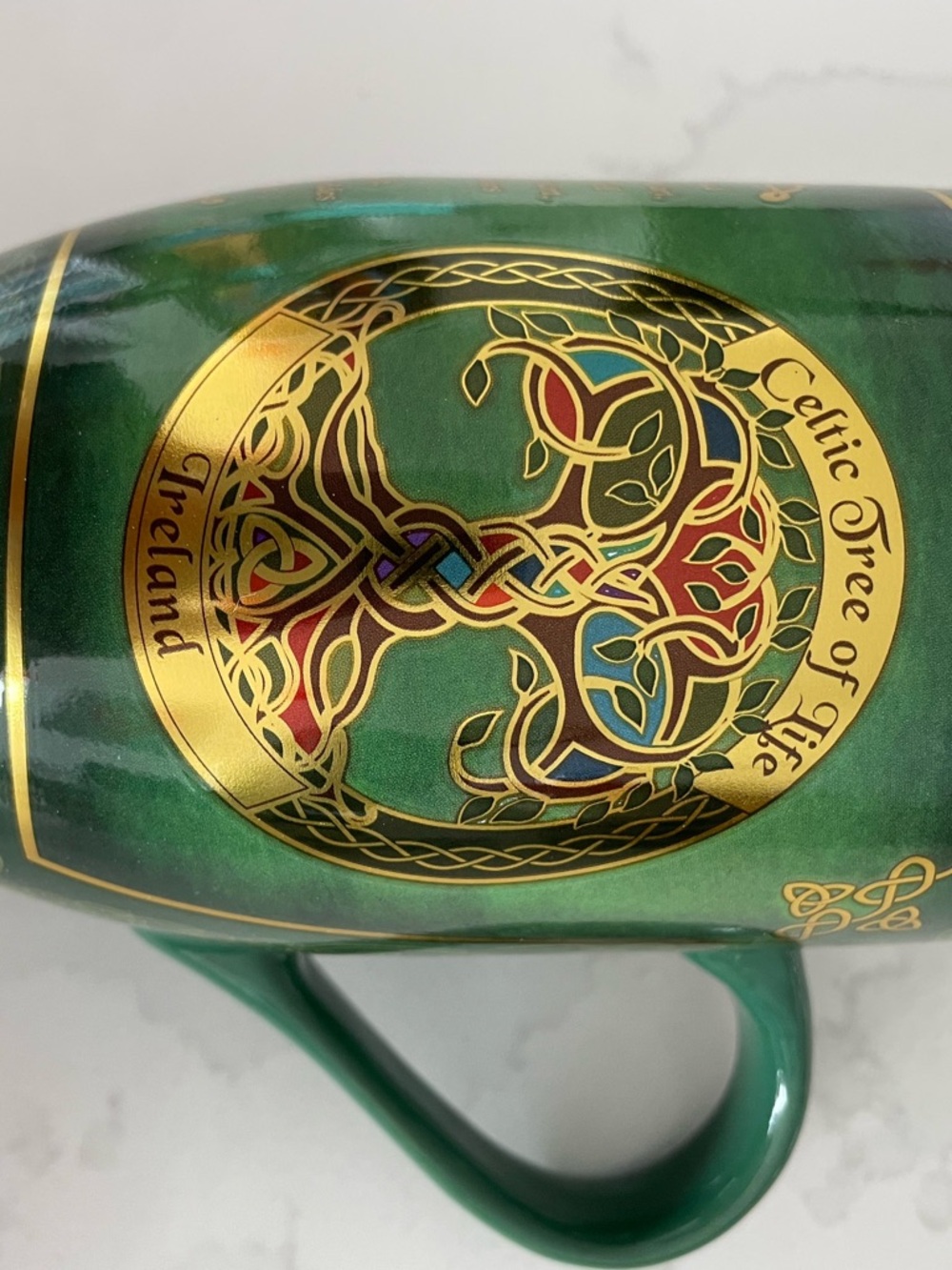 Green Celtic Tree of Life Ireland Ceramic Mug with Gold Accents - Picture 4 of 9